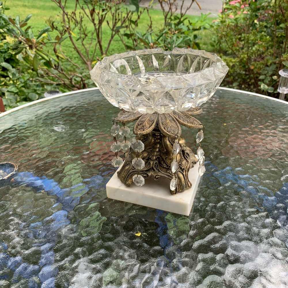 Vintage Ashtray Heavy Cut Crystal with Brass, Pedestal on Marble Base